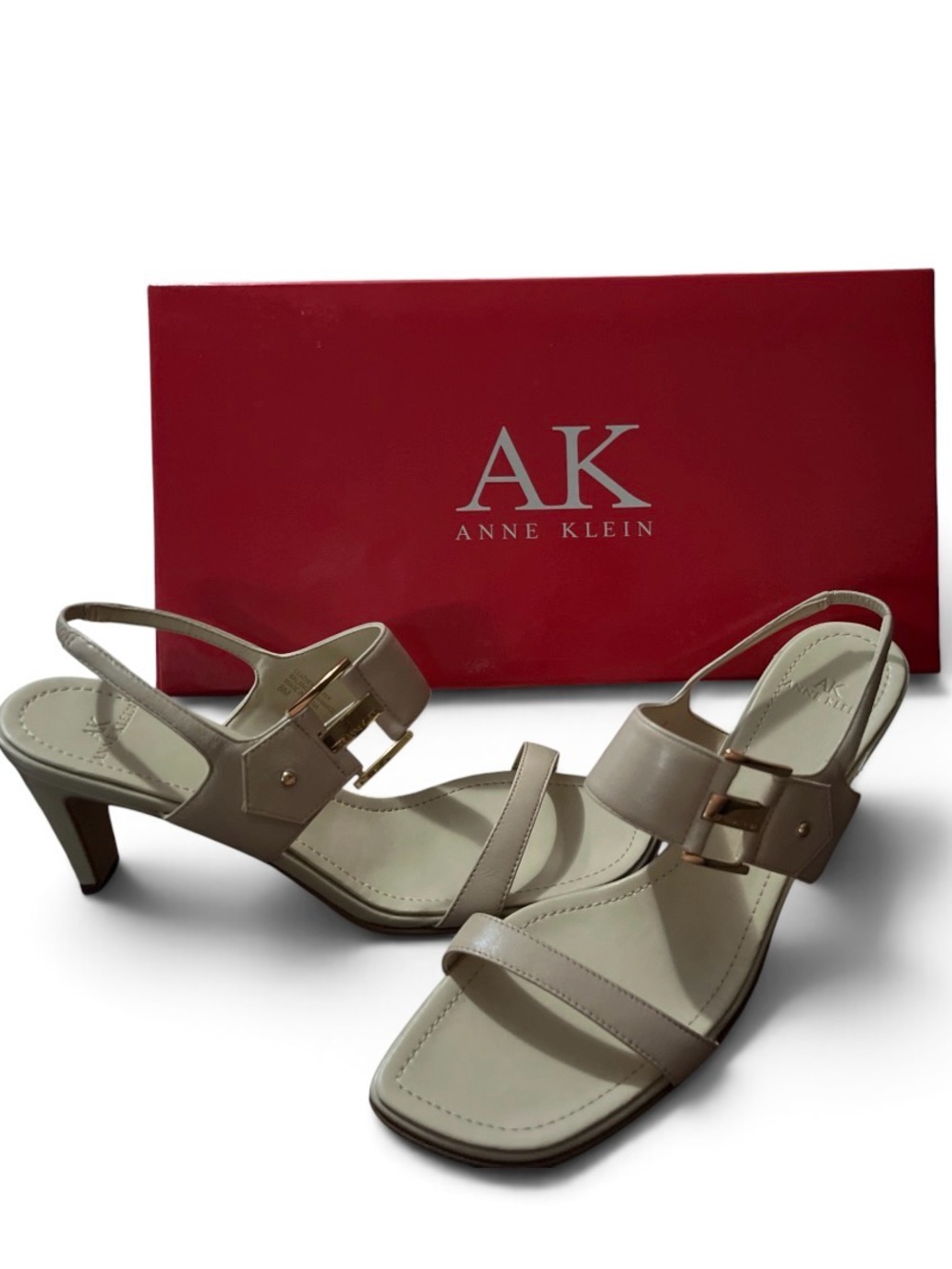 Anne Klein Taupe Leather Slingback Heels with Gold Buckle